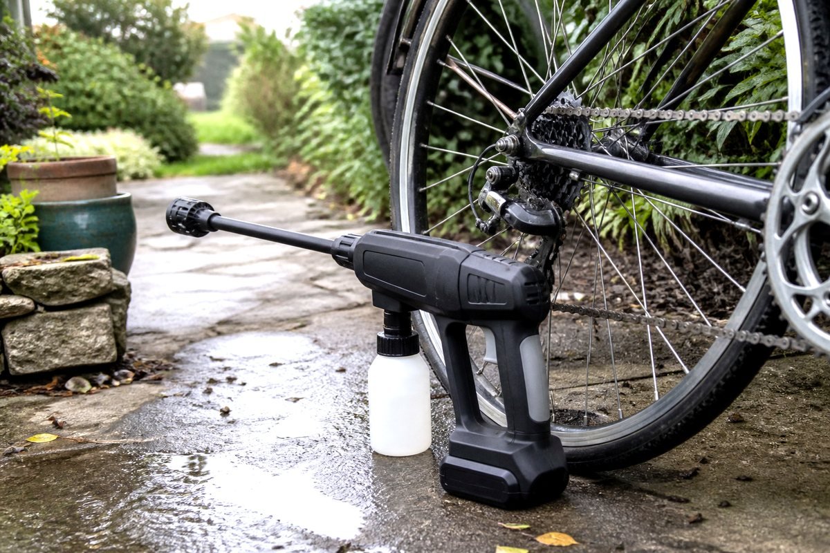 Cordless handheld washer by a bike