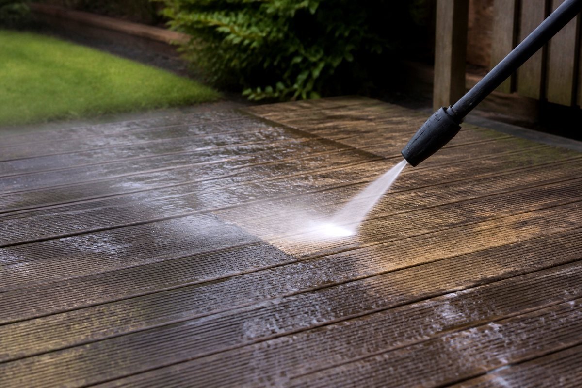 Pressure washing timber decking
