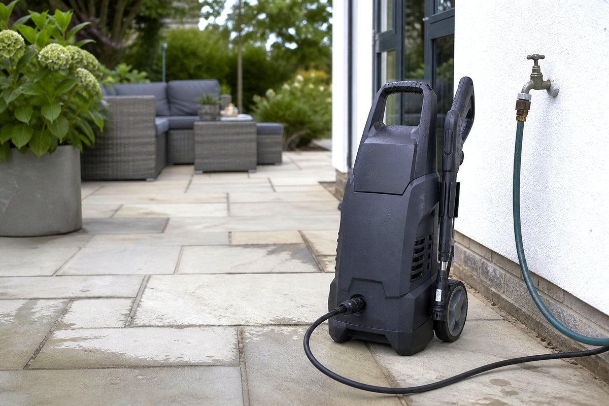 Plug-in pressure washer on a patio
