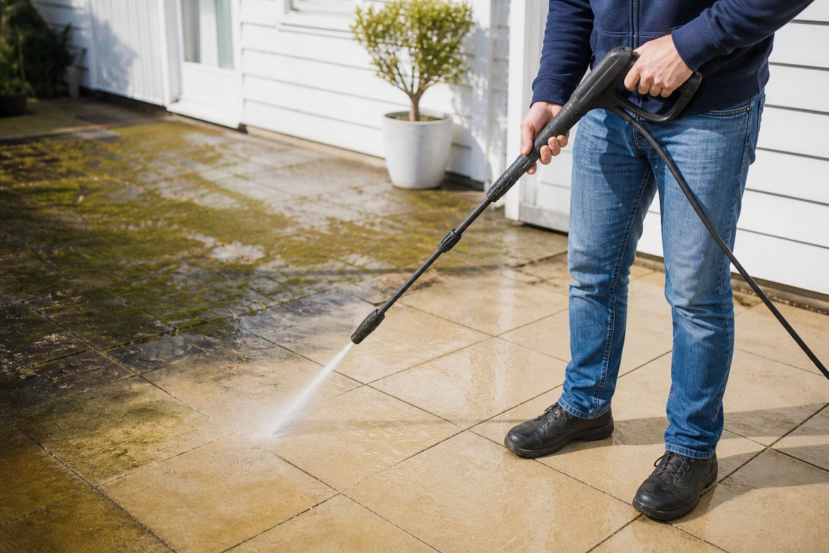 Cleaning a patio with a pressure washer