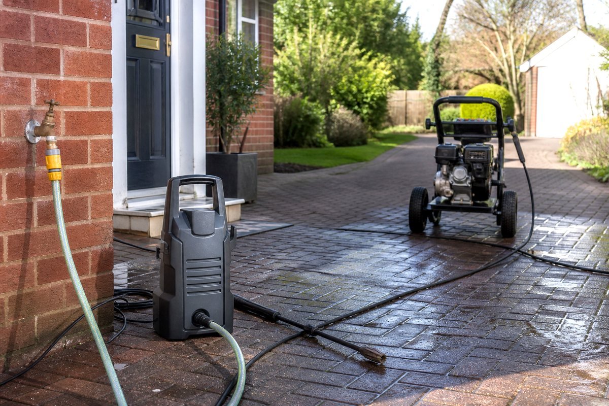 Electric and petrol washers on a driveway